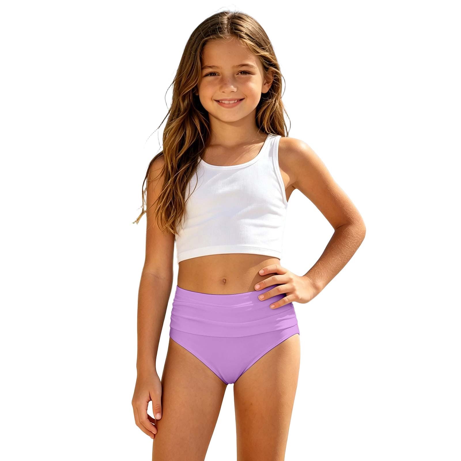 Landzoo Girls 2 Piece Swimsuit Solid Color Sleeveless Crew Neck
