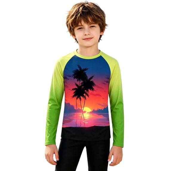 Landzoo Girls Beach Shirt Coconut Tree Print Long Sleeve Crew Neck Autumn Classroom Wear Girls Shirts