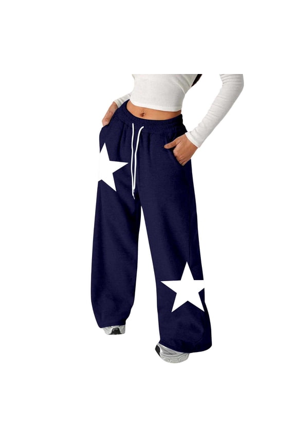 Girls Pants Star Print Elastic Waist With Pockets And Drawstring Summer Cozy Soft Pants Size 4-5 Years Navy