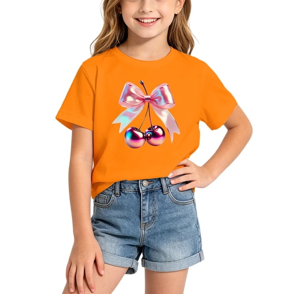 Landzoo Girls T Shirt Cherry Pattern Print Short Sleeve Crew Neck Shirt Summer Cozy Soft Toddler Kids Girls Tees Size 10-12 Years Orange