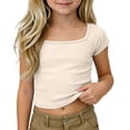 thumbnail image 1 of Landzoo Girls T Shirt Solid Color Short Sleeve Square Collar Shirt Summer Cozy Soft Toddler Kids Girls Tees Size 4-5 Years Beige, 1 of 9