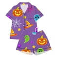 thumbnail image 1 of Landzoo Halloween 2 Piece Big Boys Girls Pyjamas Pumpkin Skull Print Short Sleeve Notch Neck Nightwear With Shorts Set Fall Comfortable Pajamas For Kids Size 7-8 Years Purple, 1 of 5