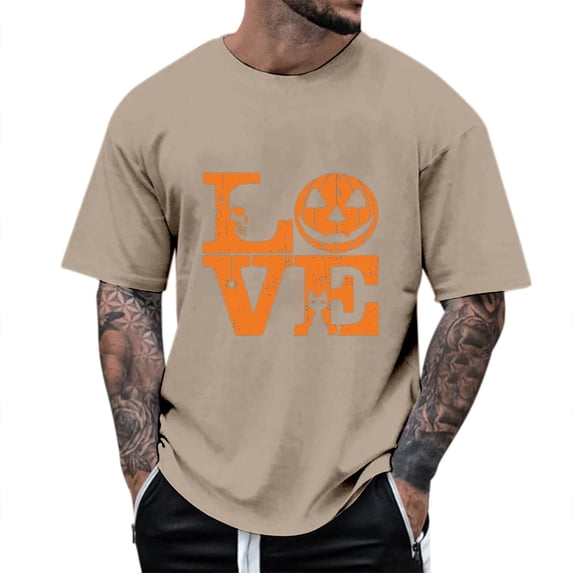 Landzoo Halloween Men'S Shirts Pumpkin Print Short Sleeve Crew Neck T-Shirt Party Loose Fit Men Tops Size L Khaki