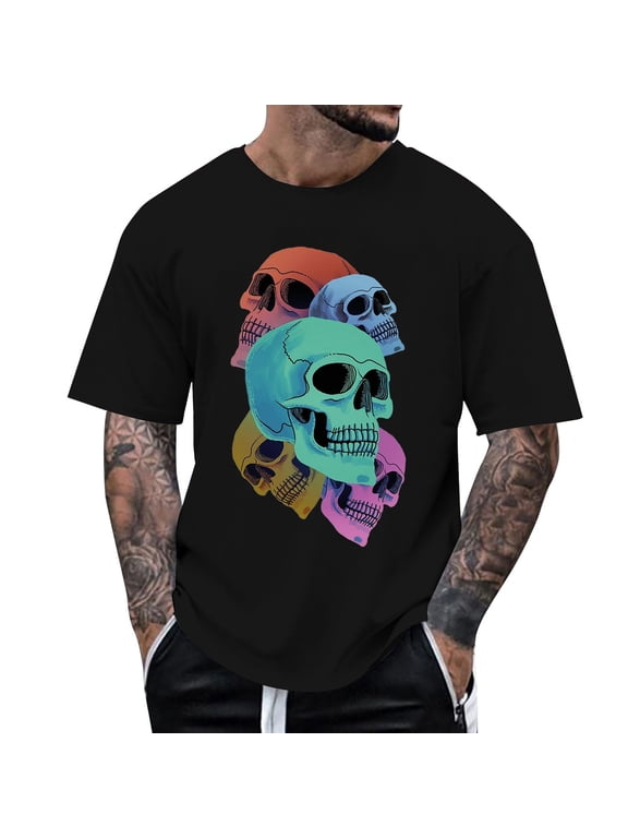 Halloween Men'S T-Shirt Skull Print Short Sleeve Crew Neck Tops Party Casual Men Tees Size 2XL Black