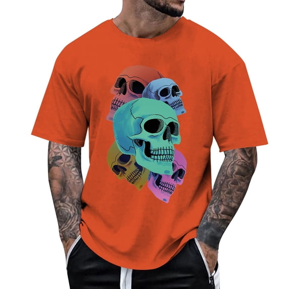 Landzoo Halloween Men'S Tees Skull Print Short Sleeve Crew Neck T Shirt Party Quick Dry Men Shirt Size M Orange