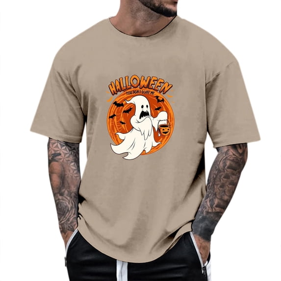Landzoo Halloween T Shirt For Men Ghost Print Short Sleeve Crew Neck Shirt Party Cozy Soft Men Tees Size 2XL Khaki
