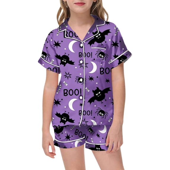 Landzoo Halloween Toddler Girls Outfit Set Bat Print Short Sleeve Spread collar Tees With Shorts Set Girls Autumn Daily Cozy Outfit Size 2-3 Years Purple