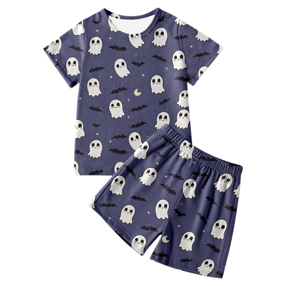 Landzoo Halloween Toddler Girls Outfit Set Cute Ghost Print Short Sleeve Crew Neck Tops With Shorts Outfit Girls Fall Season Soft Set Size 4-5 Years Purple