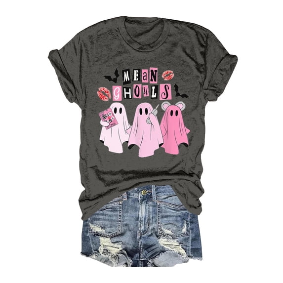 Landzoo Halloween Tops For Women Cute Ghost Print Short Sleeve Crew Neck Shirt Party Comfortable Women T Shirt Size XL Grey