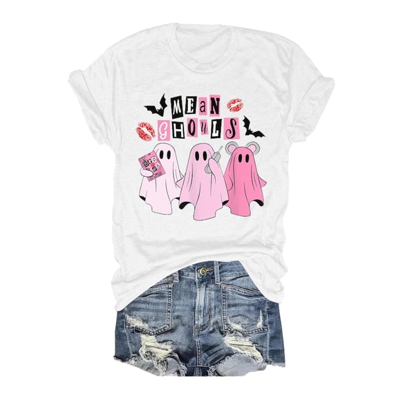 Landzoo Halloween Women'S Shirts Cute Ghost Print Short Sleeve Crew Neck T-Shirt Party Loose Fit Women Tops Size XL White