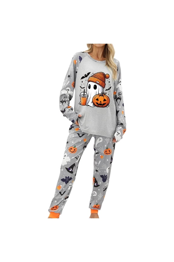 Halloween Women's Loungewear 2 Piece Cute Ghost Print Long Sleeve Crew Neck Pajamas With Pants Set Fall Leisure Homewear For Women Size 3XL Grey