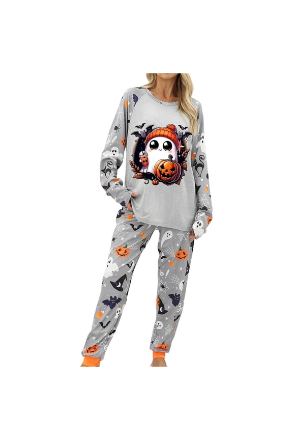 Halloween Women's Pyjamas 2 Piece Simple Ghost Print Long Sleeve Crew Neck Nightwear With Pants Set Fall Comfortable Pajamas For Women Size 3XL Grey