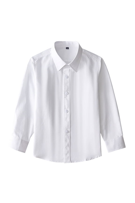 Kids Boys Girls Long Sleeve White Dress Shirt, Button-Down Collar Blouse Tops, Formal Cotton Blend Shirt
