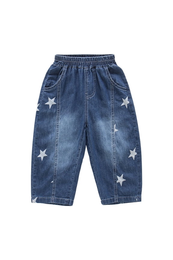 Kids Boys Pants Star Print Elastic Waist With Pockets Summer Comfortable Toddler Boys Denim Pants Size 3-4 Years Dark Blue