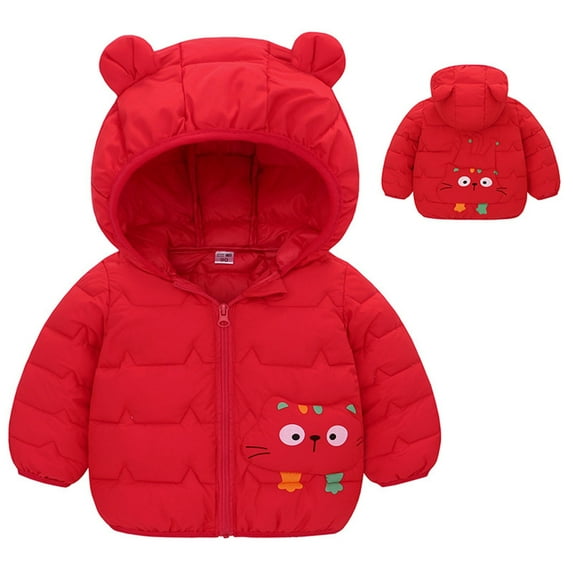 Landzoo Kids Girls Boys Puffer Jacket, Cartoon Print Bear Ear Hooded Winter Coat, for Lightweight Cotton Padded Jacket