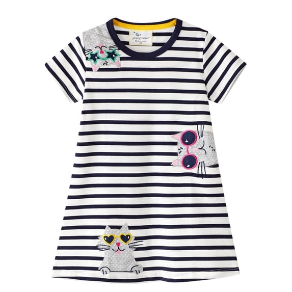 Landzoo Kids Girls Dress Striped Cat Print Short Sleeve Crew Neck Summer Quick Dry Toddler Girls Dresses Size 3-4 Years
