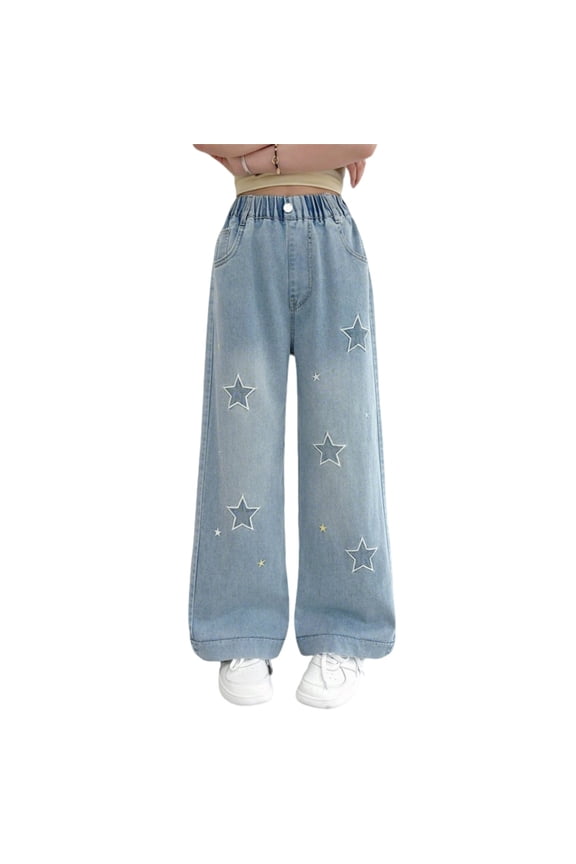 Kids Girls Pants Star Print Elastic Waist With Pockets And Drawstring Summer Quick Dry Pants Size 3-4 Years Sky Blue