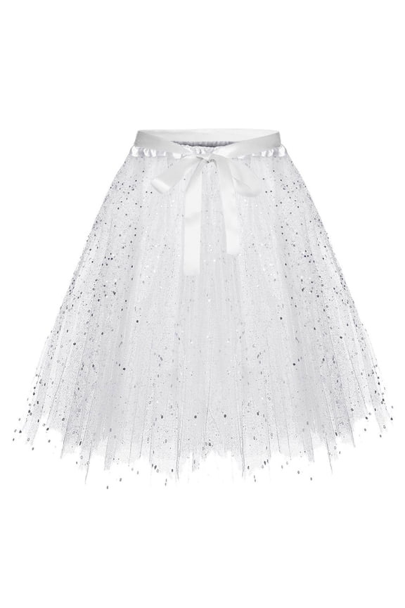 Kids Girls Skirts Sequins Solid Color Elastic Waist Mesh Summer Quick Dry Toddler Girls Flutter Skirt One Size White
