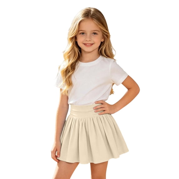 Landzoo Kids Girls Skirts Solid Color Elastic Waist A-Line Summer Comfortable Toddler Girls Pleated Skirt Size 5-6 Years Beige