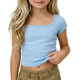 thumbnail image 1 of Landzoo Kids Girls Tops Solid Color Short Sleeve Square Collar Shirt Summer Comfortable Toddler Girls T-Shirt Size 11-12 Years Light blue, 1 of 9