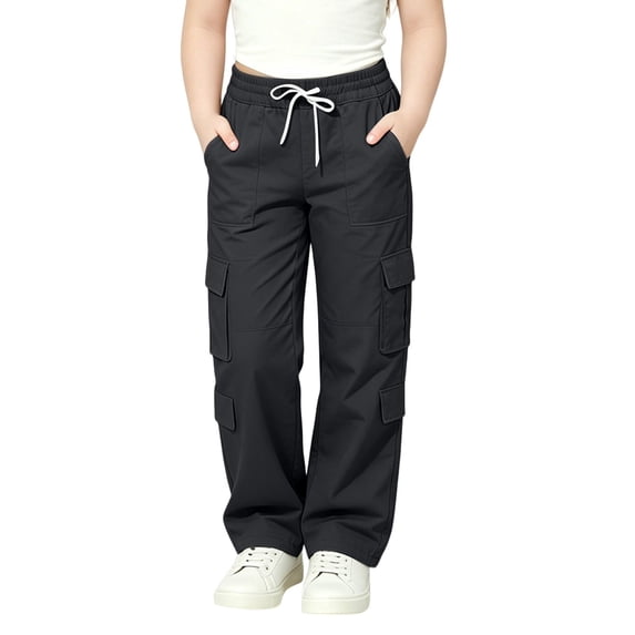 Landzoo Little Girls Cargo Pants Straight Leg With Pockets And Drawstring Fall Casual Kid Girls Baggy Trousers