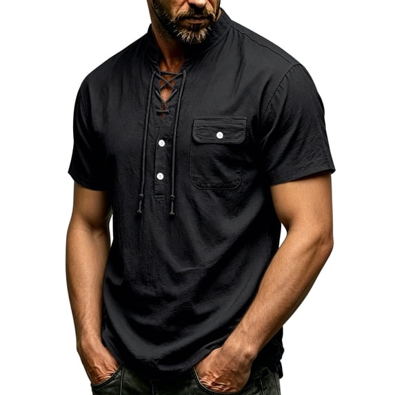 Landzoo Men'S T-Shirt Solid Color Short Sleeve Henley Tops Summer Casual Men Tees Size M Black