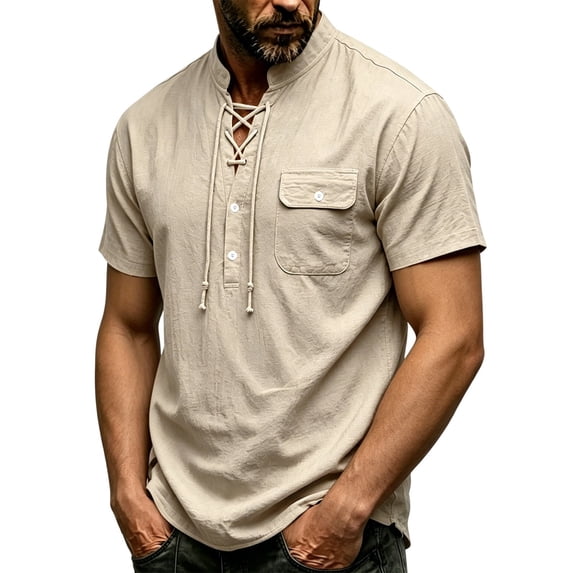 Landzoo Men'S T-Shirt Solid Color Short Sleeve Henley Tops Summer Casual Men Tees Size M Khaki