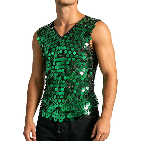 Landzoo Men'S Tank Tops Sequins Sleeveless V-Neck Undershirt Summer Casual Men Vest Size XL Green