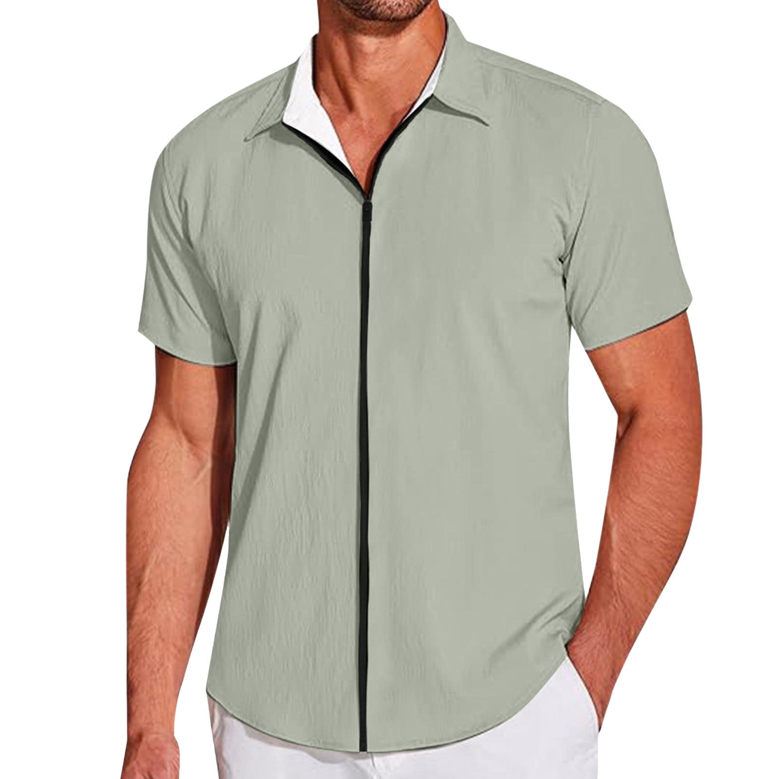 Landzoo Men's Casual Short Sleeve Zipper Summer Beach Shirt Light ...