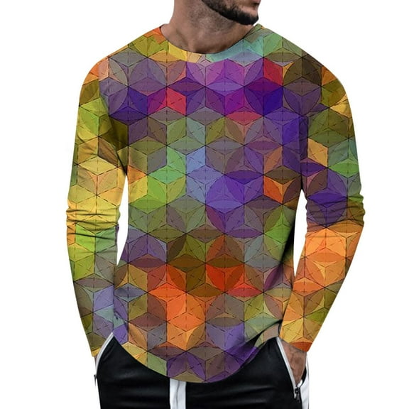 Landzoo Mens Carnival Sequin Fashion Digital 3D Printed Long Sleeve T Shirt Casual T Shirt Cozy Loose Men's Tops