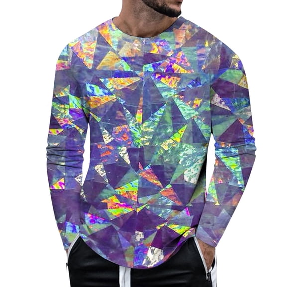 Landzoo Mens Carnival Sequin Fashion Digital 3D Printed Long Sleeve T Shirt Casual T Shirt Cozy Loose Men's Tops