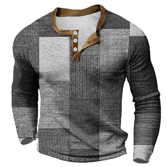 Landzoo Mens Shirt Large Size Base Shirt 3D Printing Casual Collarless Long Sleeve Shirt 3 Button Long Sleeve Shirt Cozy Stylish Men's Polo Shirt