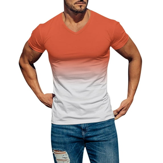 Landzoo Mens Spring Summer Casual Sports Comfortable Soft Gradient Solid Color Slim Short Sleeve V Neck T Shirt Cozy Loose Men's Tops