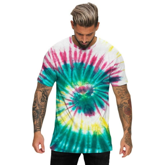 Landzoo Mens Summer Hawaii Beach Casual Sports Tie Dye Lettering Crewneck T Shirt Top Cozy Loose Men's Tops