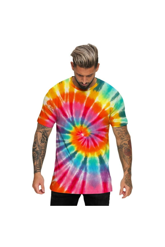 Mens Summer Hawaii Beach Casual Sports Tie Dye Lettering Crewneck T Shirt Top Loose Handsome Men's T Shirts