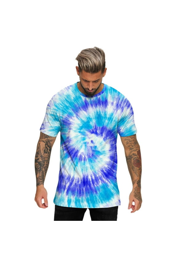 Mens Summer Hawaii Beach Casual Sports Tie Dye Lettering Crewneck T Shirt Top Loose Handsome Men's T Shirts