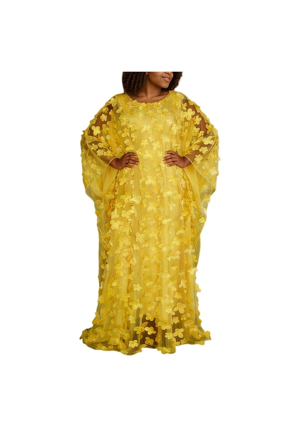 Afircan Applique Dress Boat Neck Chiffon Gown One Size Classic Beautiful Casual Women's Dress