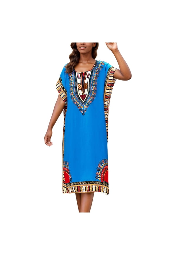 African Print Kaftan Dress Tunic Long Maxi Plus Size Polyester Print Gown Casual Kimono Nightdress Classic Beautiful Casual Women's Dress