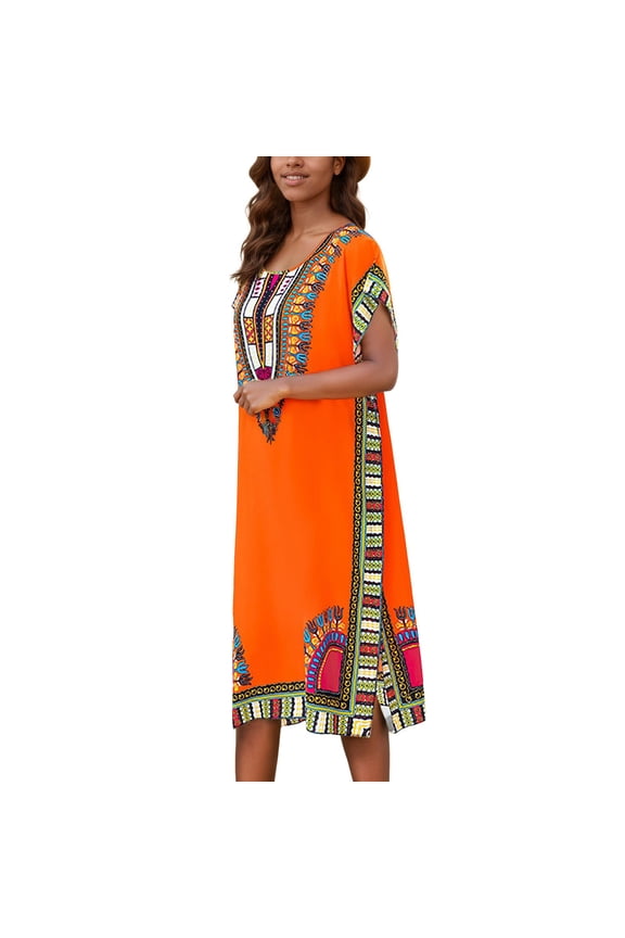 African Print Kaftan Dress Tunic Long Maxi Plus Size Polyester Print Gown Casual Kimono Nightdress Classic Elegant Casual Women's Dress
