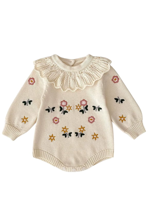 Baby Girls Bodysuits Long Sleeve Embroidered Knit Ruffle Neck Romper Soft Comfortable Infant Outfit For Daily Wear Cozy Stylish Baby Clothes 1-3 Months