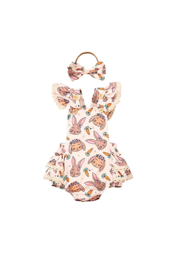 Baby Girls' Easter Bunny Print Triangle Bodysuit | Sweet Pastel Romper With Cartoon Design Cozy Stylish Baby Clothes 6-12 Months
