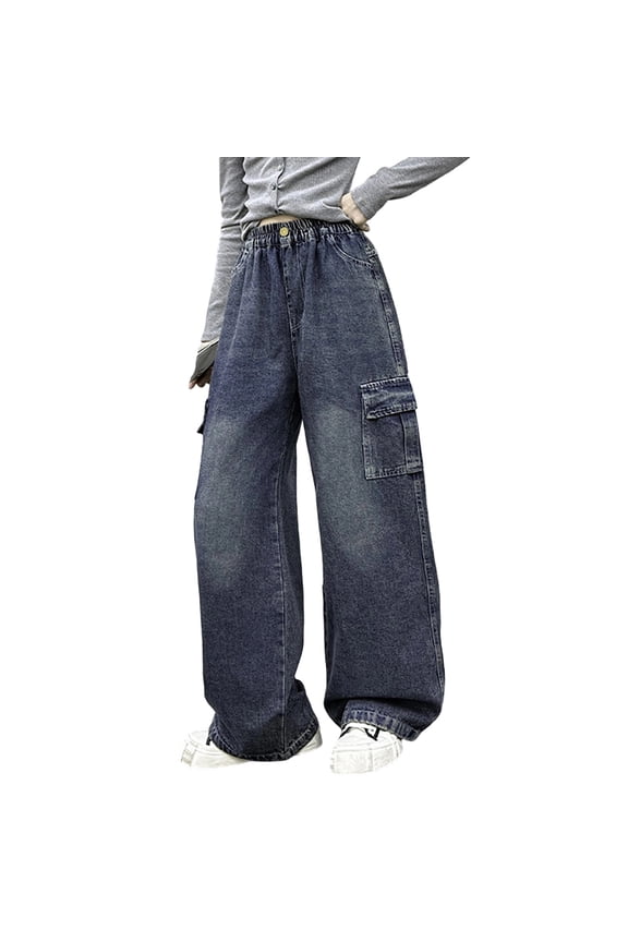Baggy Jeans Girls Wide Leg Elastic Waist And Multiple Pockets Cargo Pants Trousers Jeans Denim Pants For Children Elastic Cozy Children Trousers 5-6 Years