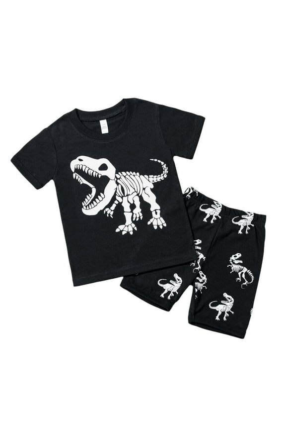 Boys Dinosaur Outfits Set Glow In The Dark Print T Shirt And Shorts 2 Piece Summer Casual Play Clothes For Toddlers Age 2-8 Cozy Elastic Fabric Cute Children Dailywear 2-3 Years