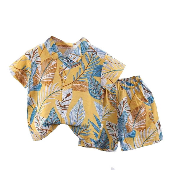 Landzoo One Boys' Hawaian Print Shirt & Shorts Set Summer Beach Outfit 2 Piece Cute Casual Boy’s Homewaer 12-24 Months