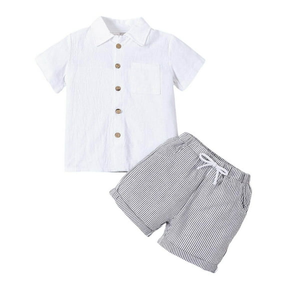 Landzoo One Boys' Linen Blend Short Sleeve Shirt Set Casual Summer Two Piece Outfit With Collar & Solid Colors Cute Casual Boy’s Homewaer 18-24 Months