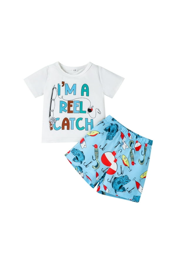 Boys Outfits Set Cartoon Fish Fishing Print T Shirt Shorts Sportswear For Toddler Baby Casual Play Clothes For Daily Outdoor Party Travel Spring Summer Cute Children Dailywear 18-24 M