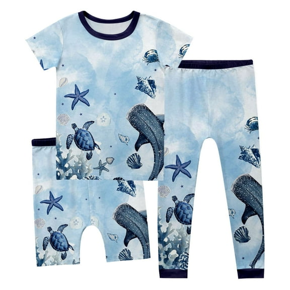 Landzoo One Boys Outfits Sets Casual Sleepwear Kids Cartoon Turtle Ocean Print Short Sleeve Shorts Pajama Set For Daily Wear And Home Comfort Cute Cozy Children Dailywear 5-6 Years
