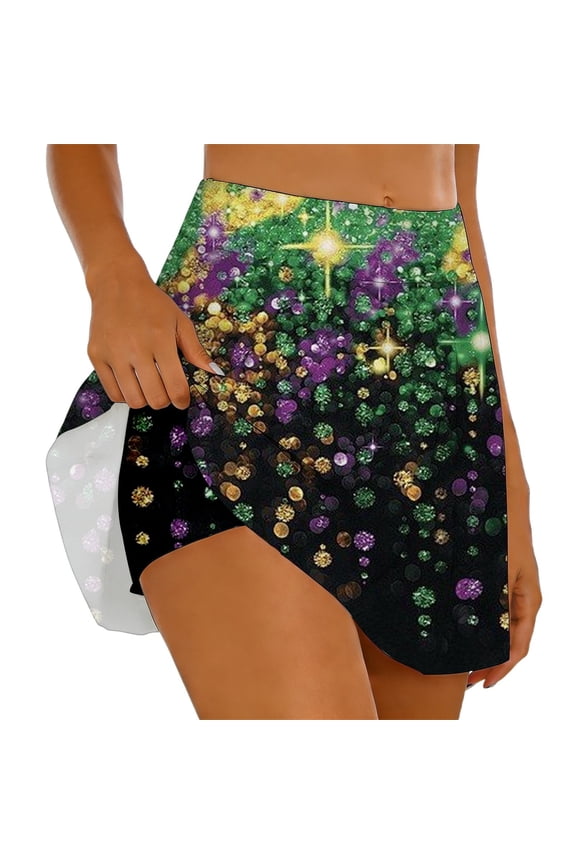 Carnival Sparkly Sequin Print Casual Elastic Waist Double Layer Athletic Skirt For Festival And Dance Beautiful Stylish Women's Skirt