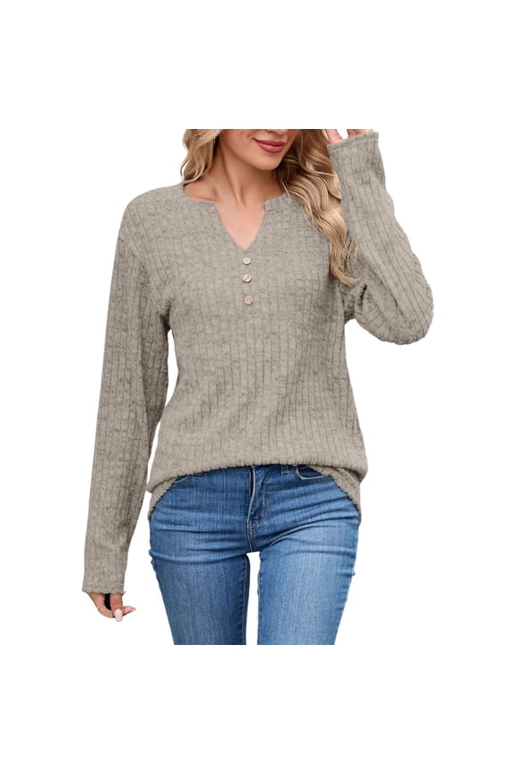 Casual Long Sleeve Button Down Soft Brushed Texture Knit Tee Shirt Comfortable Loose Fit Crewneck Blouse Beautiful Cozy Women's Tops