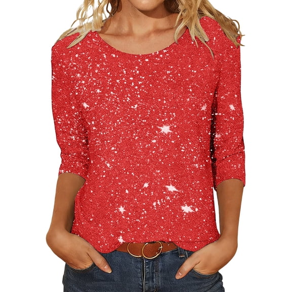 Landzoo One Casual Loose Fit Short Sleeve Bling Bling Round Neck T Shirt Top With Sparkling Sequins Beautiful Cozy Women's Tops